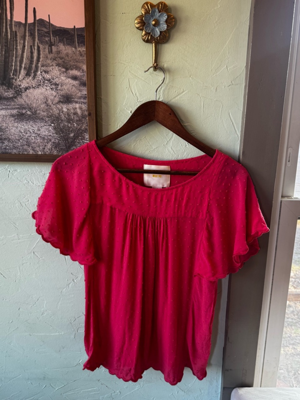 Maeve by Anthropologie Pink Pull Over Top Size 2 Short Sleeve Scalloped Edge XS